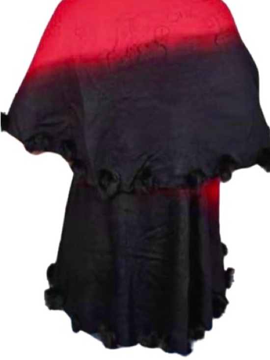 Accessories - Ombre Layered circular Shawl Faux Fur Pom Pom Trim Red Black Floral Wrap Scarf